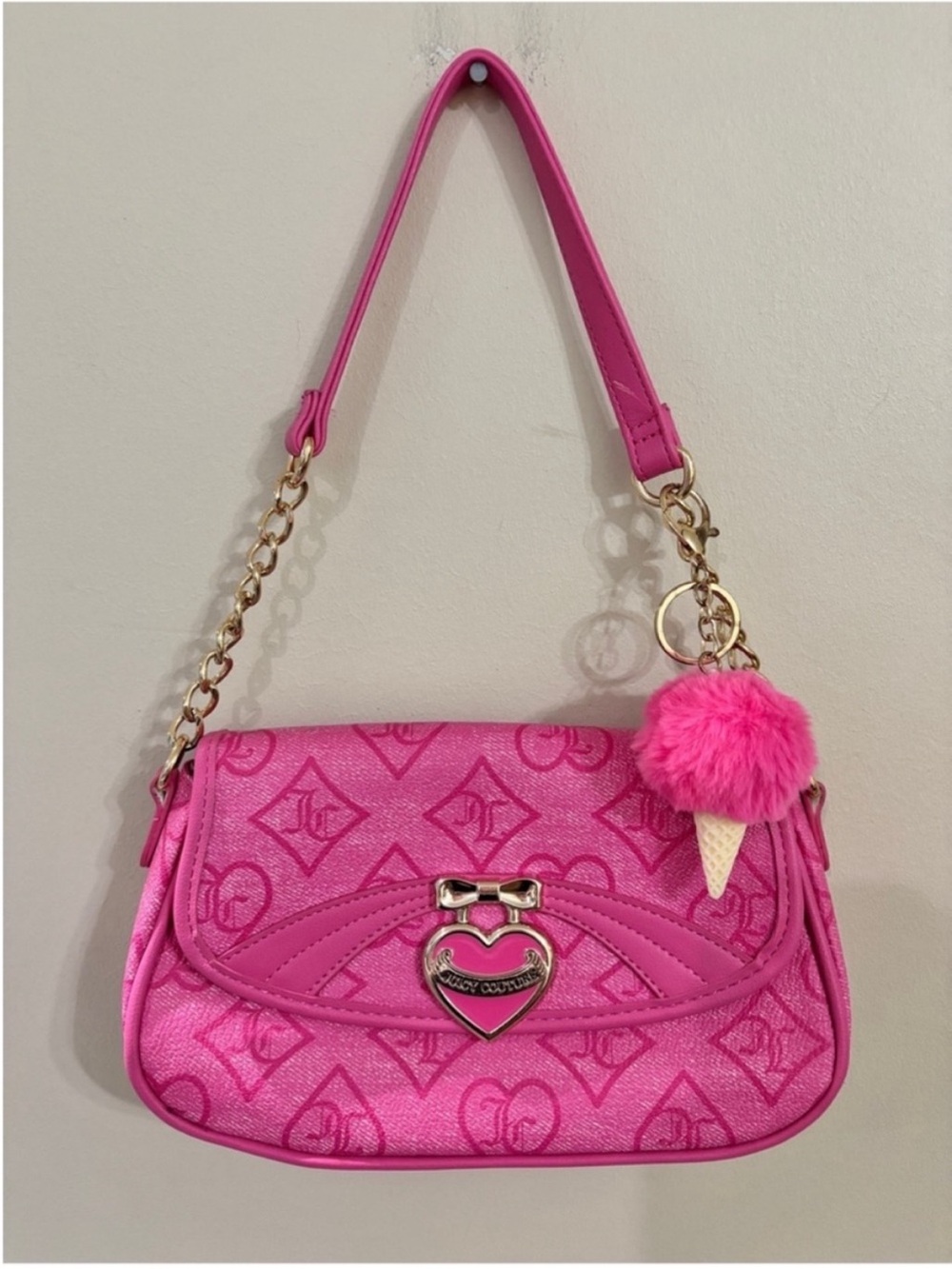 Juicy Couture Hot Pink Precious Moments Flap Purse with Hearts Pattern